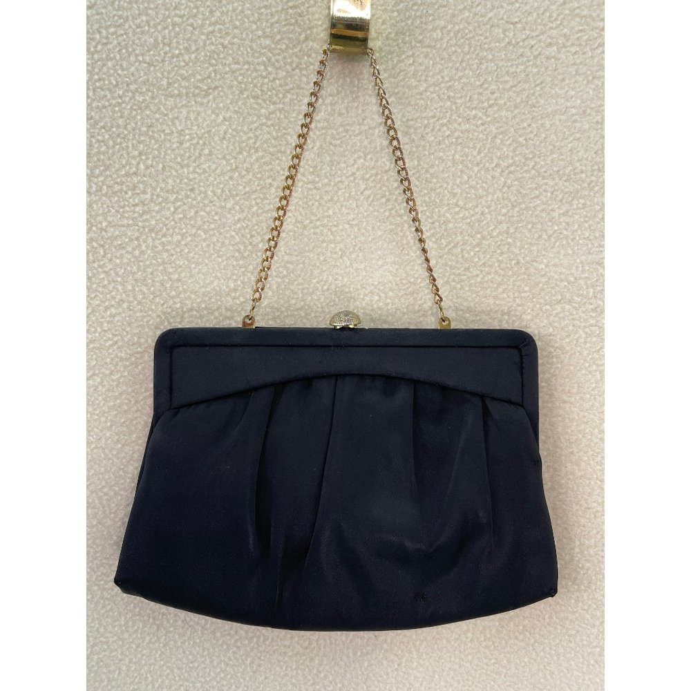 Miss Lewis Vintage/Antique Small Black Pleated Clutch w/ Chain Handle